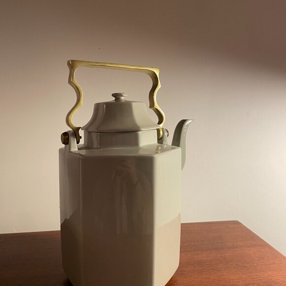 Mikasa Green Grey Hexagon Shaped Tea Pot Brass Handle Vintage 🫖 Théière Cafete - Picture 2 of 6